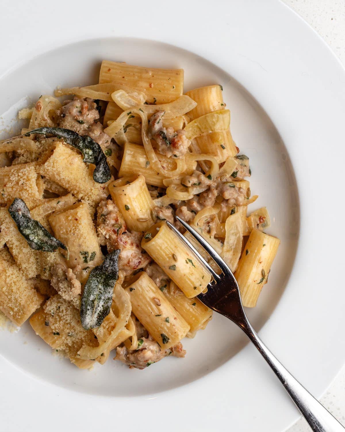 Rigatoni with sausage, sage and parmesan